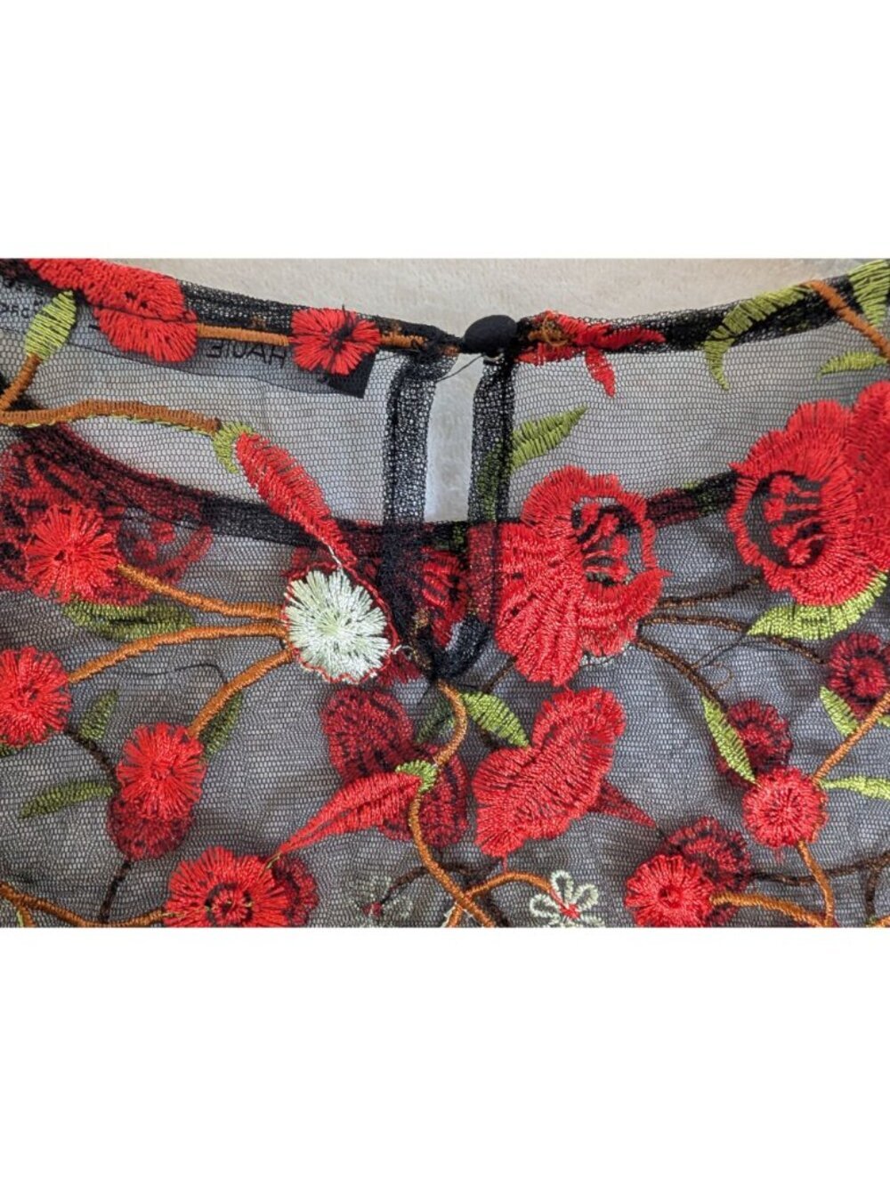 Embroidered Sheer Black Mesh Crop Top With Red Rose Design & Bell Sleeves By Hau - Picture 10 of 13